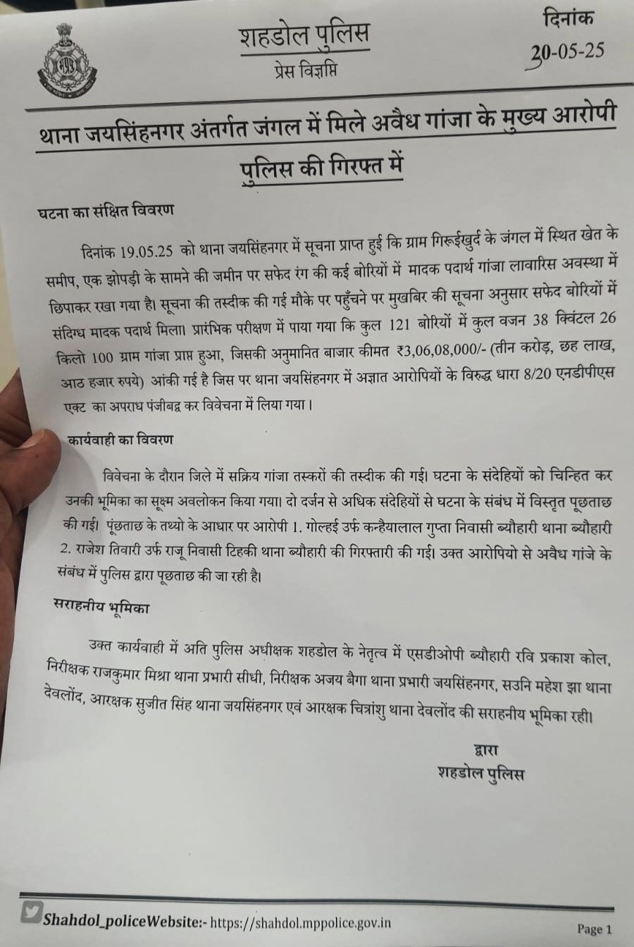 करोड़ों की गांजा तस्करी मामले में पुलिस का बड़ा खुलासा : दो दर्जन से पूछताछ, दो गिरफ़्तार