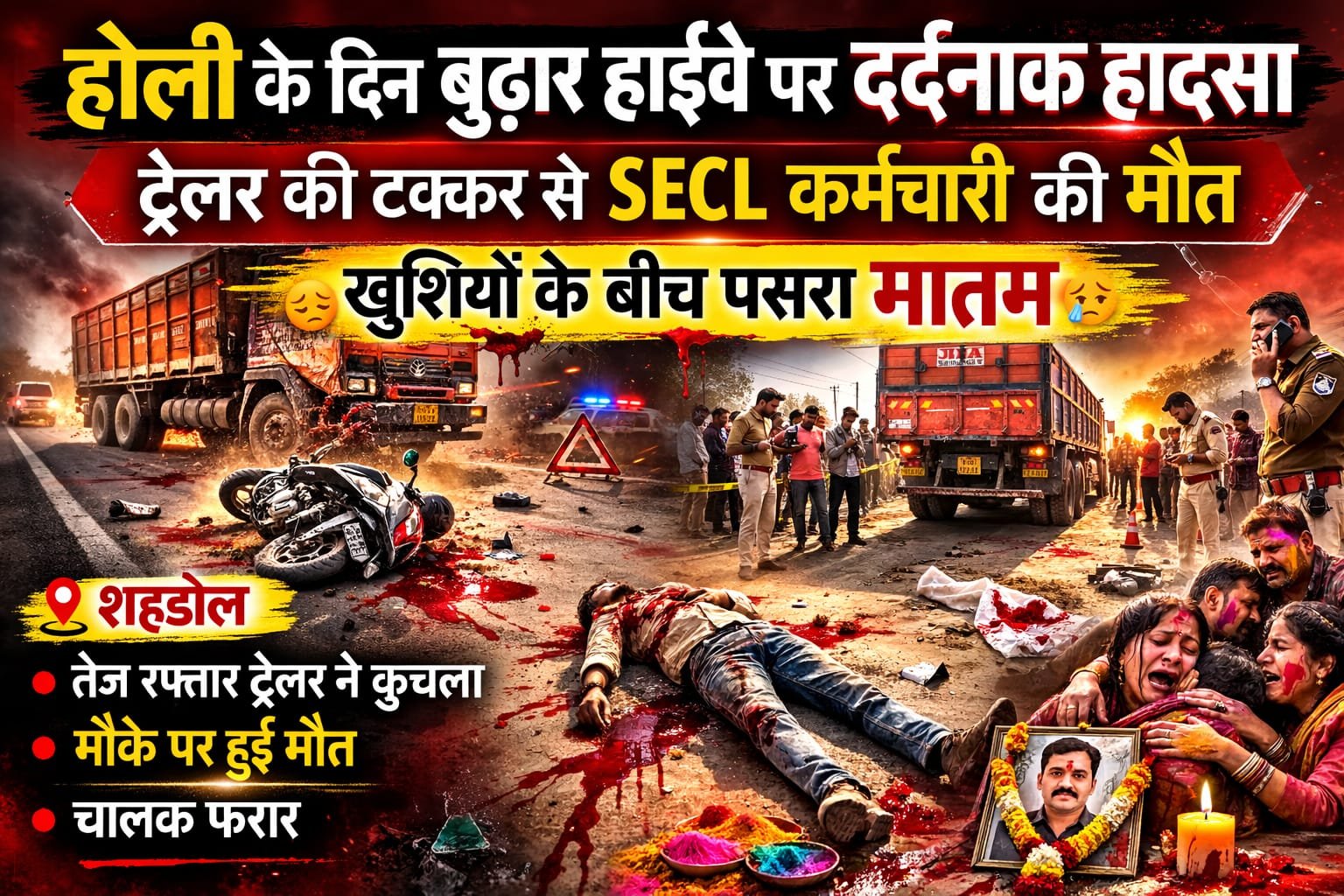 होली के दिन बुढार हाईवे पर दर्दनाक हादसा: ट्रेलर की टक्कर से SECL कर्मचारी की मौत, खुशियों के बीच पसरा मातम