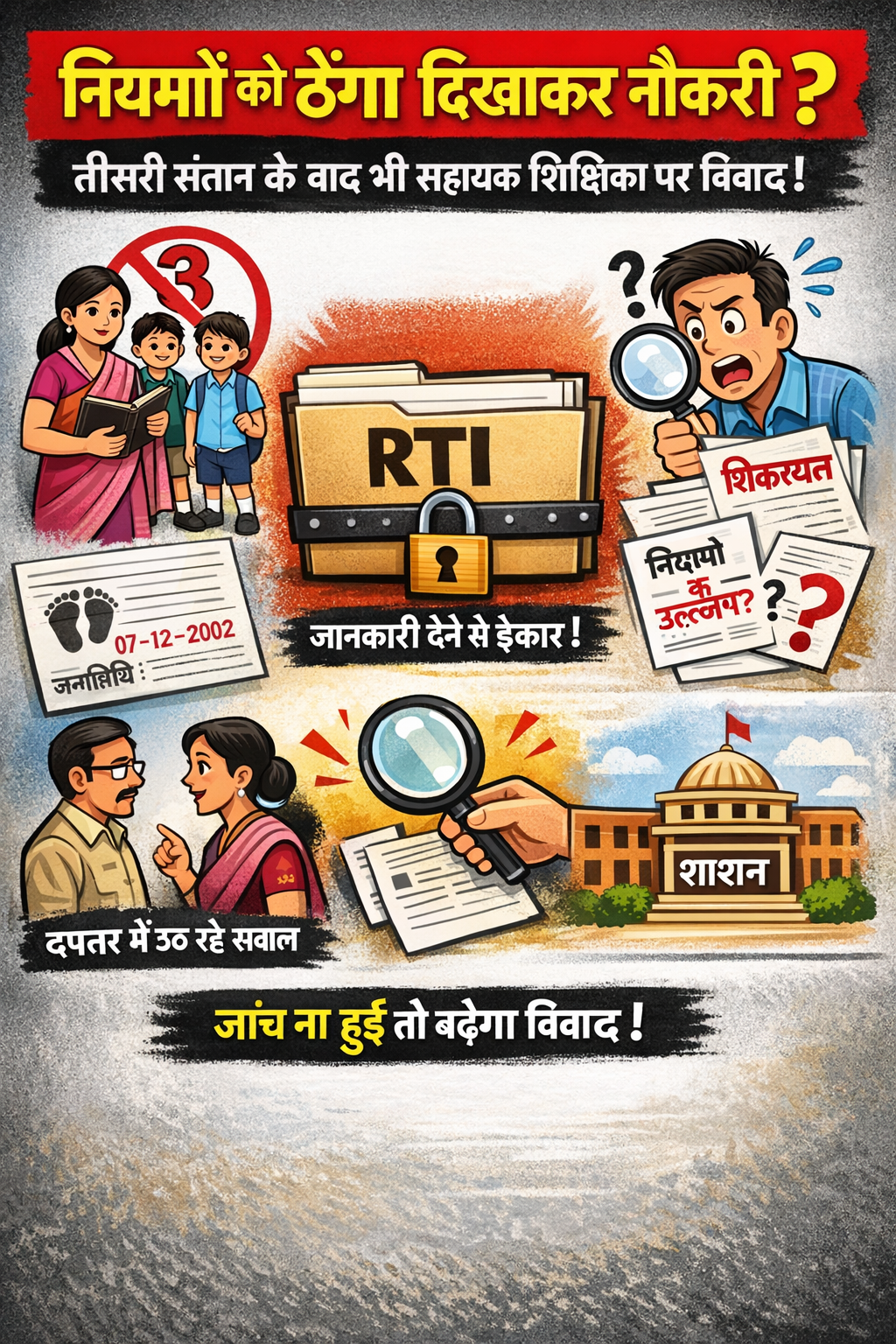 नियमों को ठेंगा दिखाकर नौकरी? तीसरी संतान के बाद भी सेवा में सहायक शिक्षिका पर बड़ा सवाल