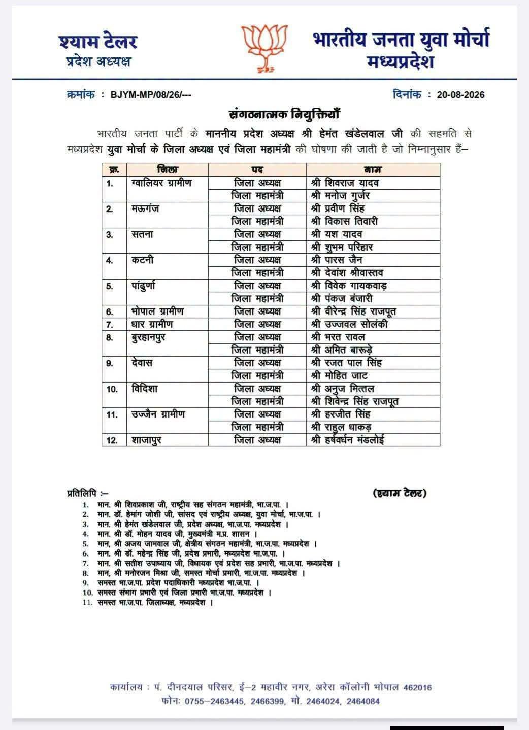 भाजयुमो की नई टीम में पारस जैन को जिलाध्यक्ष, देवांश श्रीवास्तव को जिला महामंत्री की जिम्मेदारी