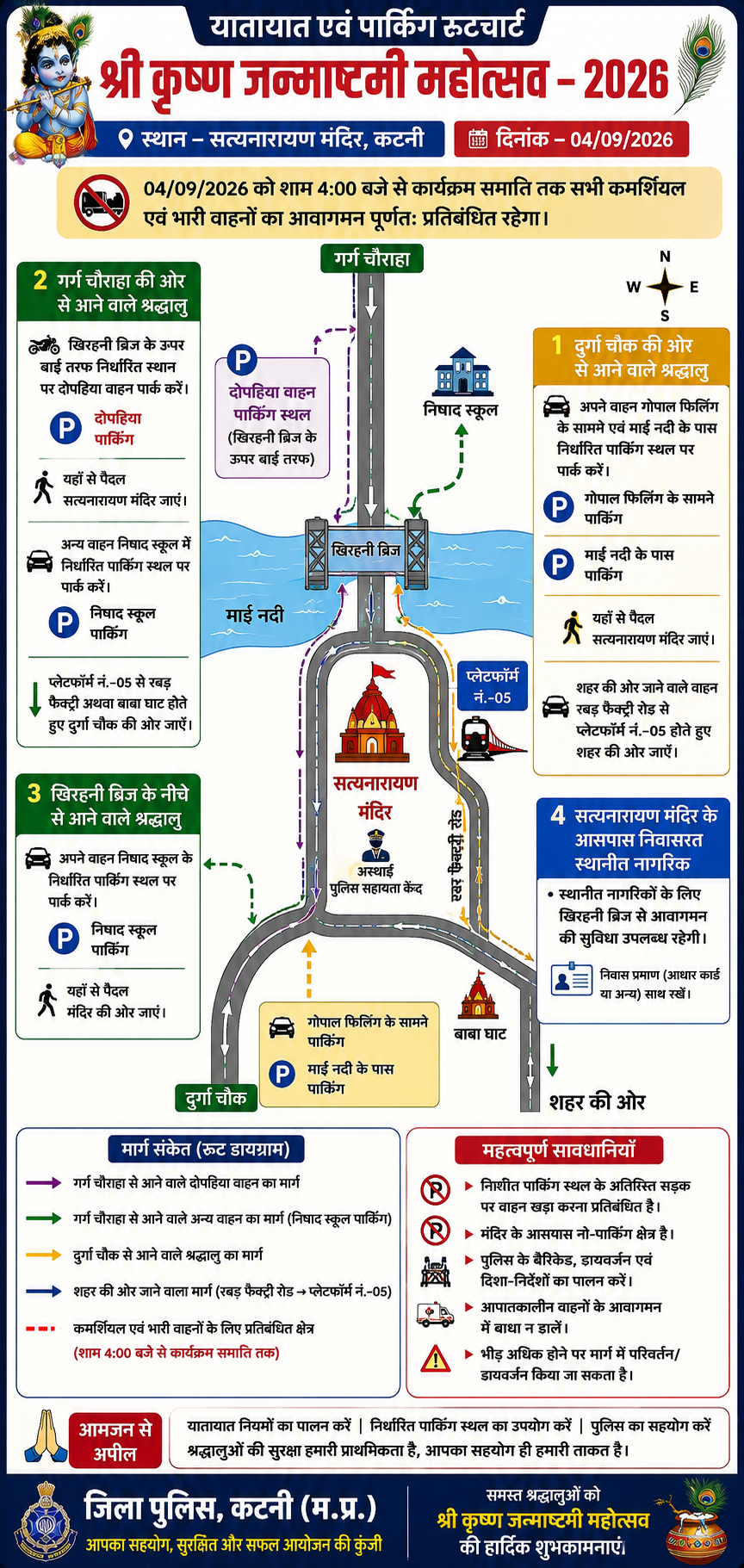 जन्माष्टमी पर कटनी में ट्रैफिक का मेगा प्लान, घर से निकलने से पहले जरूर पढ़ें यह खबर सत्यनारायण मंदिर में उमड़ेगी श्रद्धालुओं की भीड़, 4 सितंबर शाम 4 बजे से भारी वाहनों की एंट्री बंद, अलग-अलग दिशाओं से आने वालों के लिए तय किए पार्किंग स्थल और मार्ग